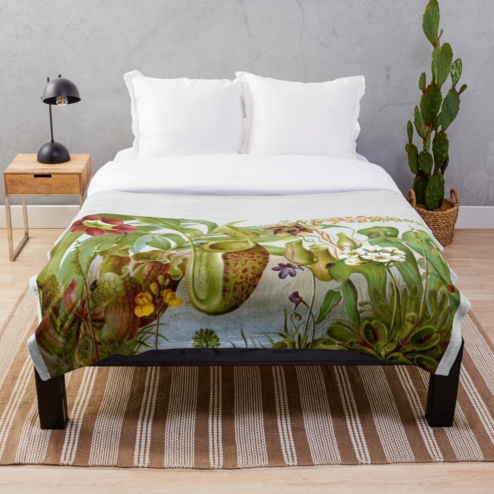 Vintage illustration of carnivorous plants like Venus flytrap and pitcher plants printed on a plush blanket