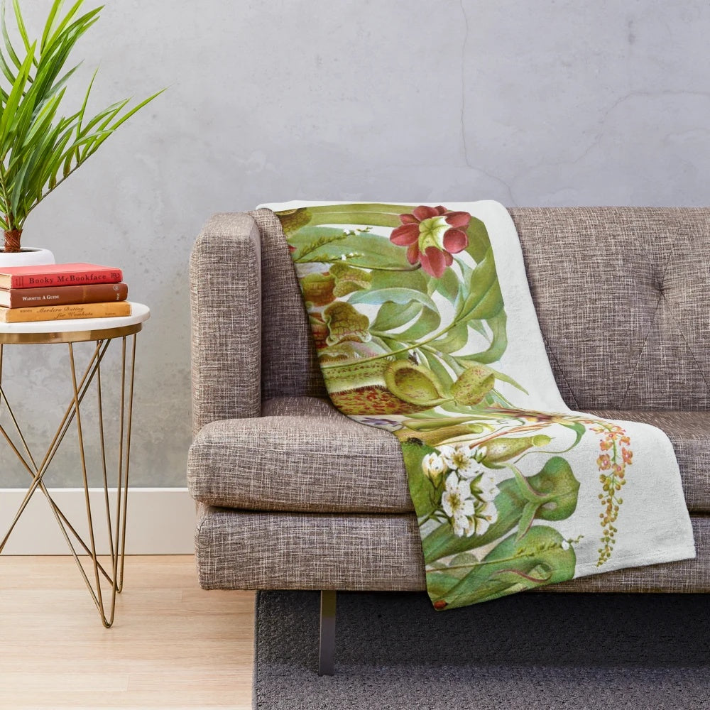 Vintage illustration of carnivorous plants like Venus flytrap and pitcher plants printed on a plush blanket