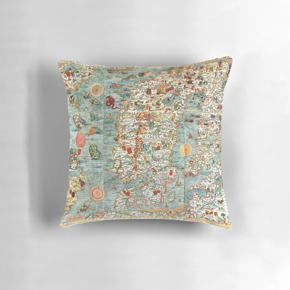 Vintage Carta Marina map of Scandinavia by Olaus Magnus, printed on a comfortable pillow.