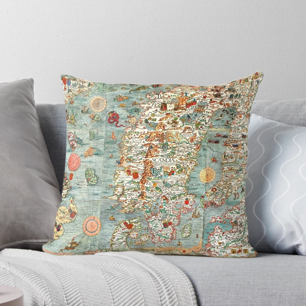 Vintage Carta Marina map of Scandinavia by Olaus Magnus, printed on a comfortable pillow.