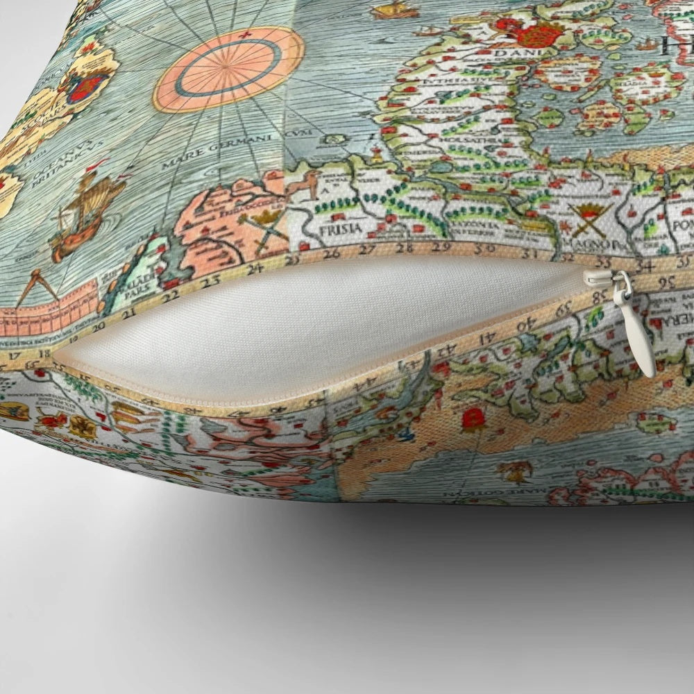 Vintage Carta Marina map of Scandinavia by Olaus Magnus, printed on a comfortable pillow.