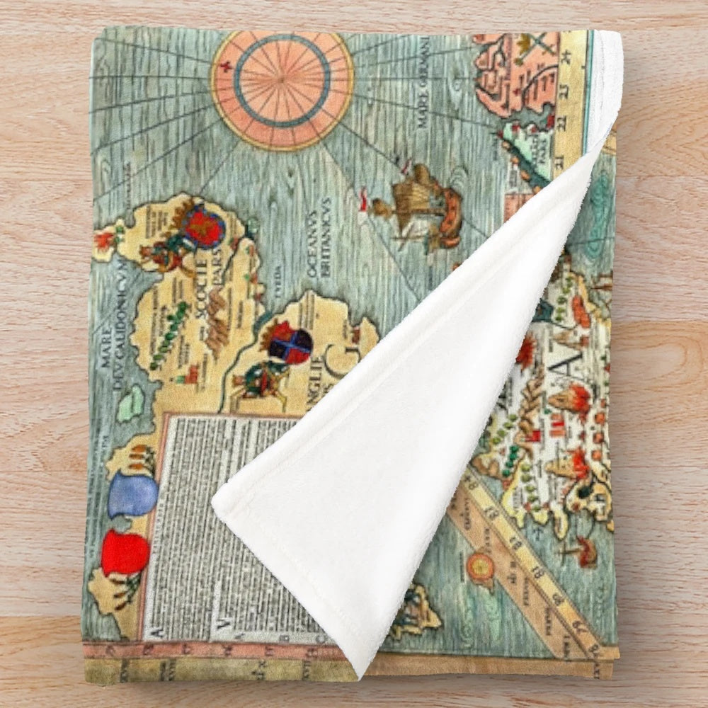 Vintage Carta Marina plush blanket featuring the 1539 Scandinavia map by Olaus Magnus