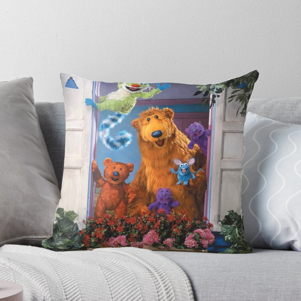 Soft, plush pillow featuring a vintage-style illustration of the beloved character Bear from the popular 90s cartoon "Bear in the Big Blue House".