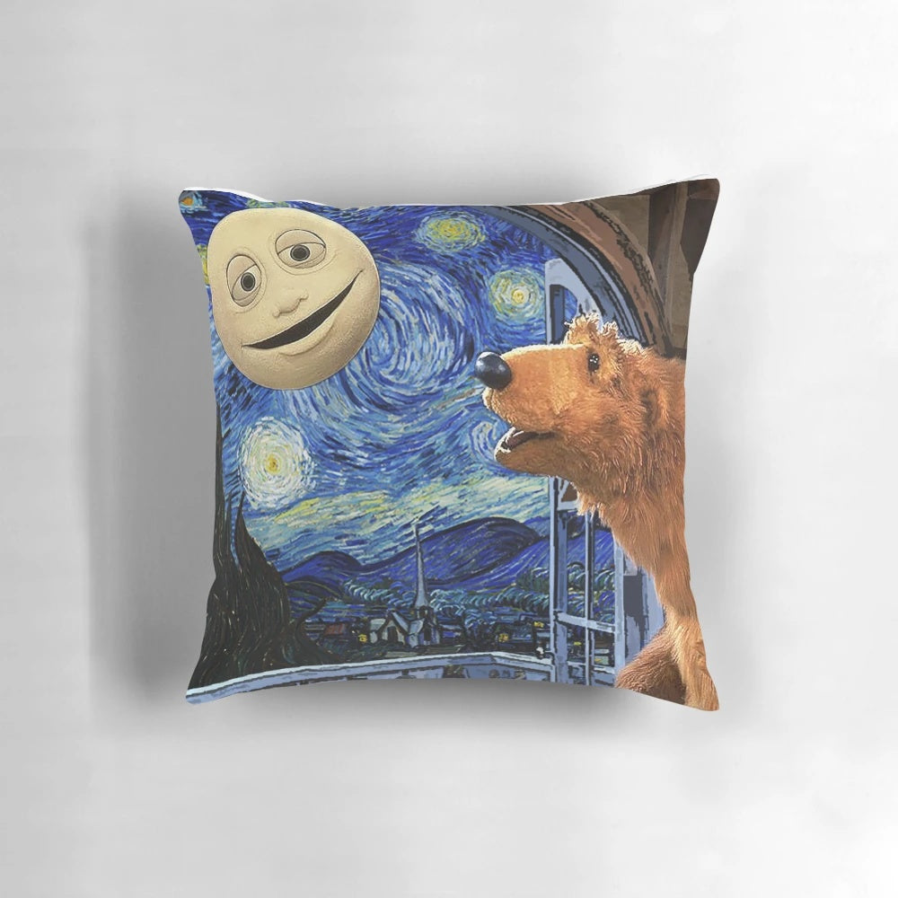 Vintage cartoon bear pillow with a starry night inspired design.