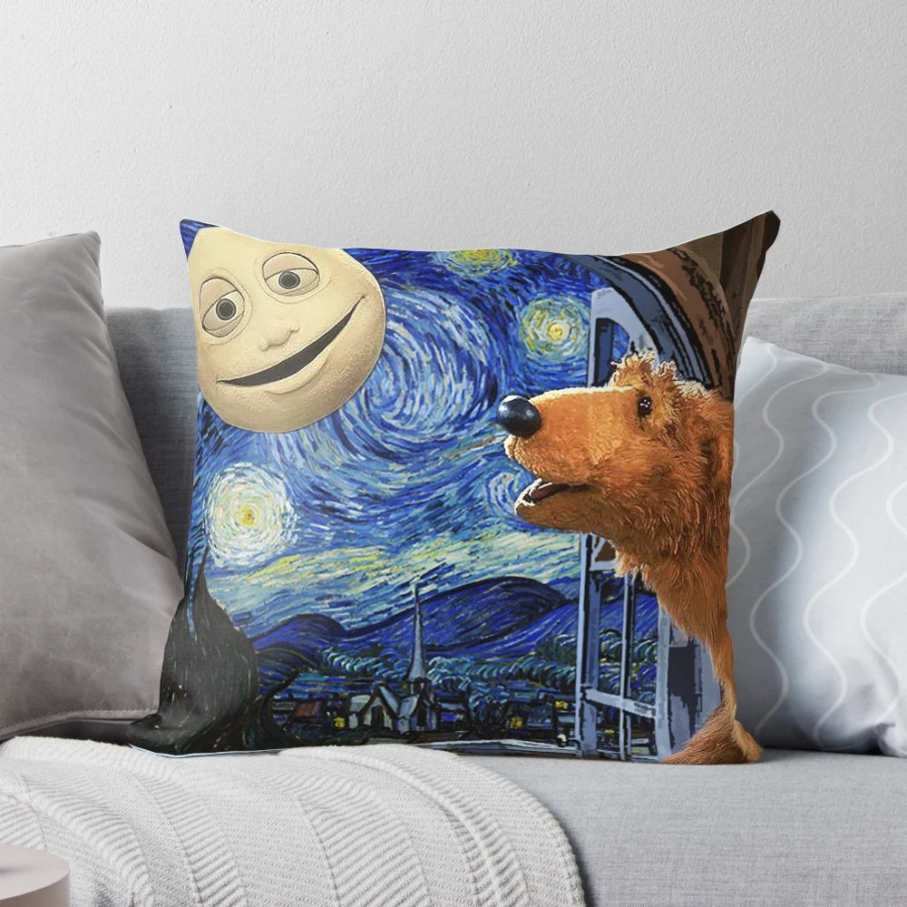 Vintage cartoon bear pillow with a starry night inspired design.