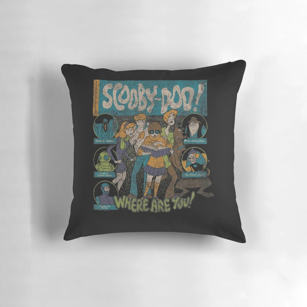 Vintage movie and cartoon themed pillow featuring classic Scooby Doo, Shaggy, and other 90s characters