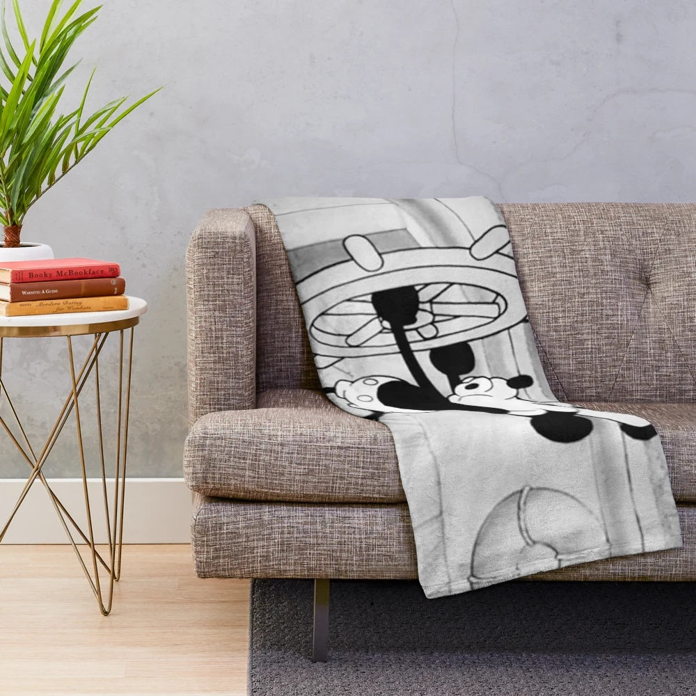 Vintage-style black and white plush blanket featuring a classic cartoon mouse character