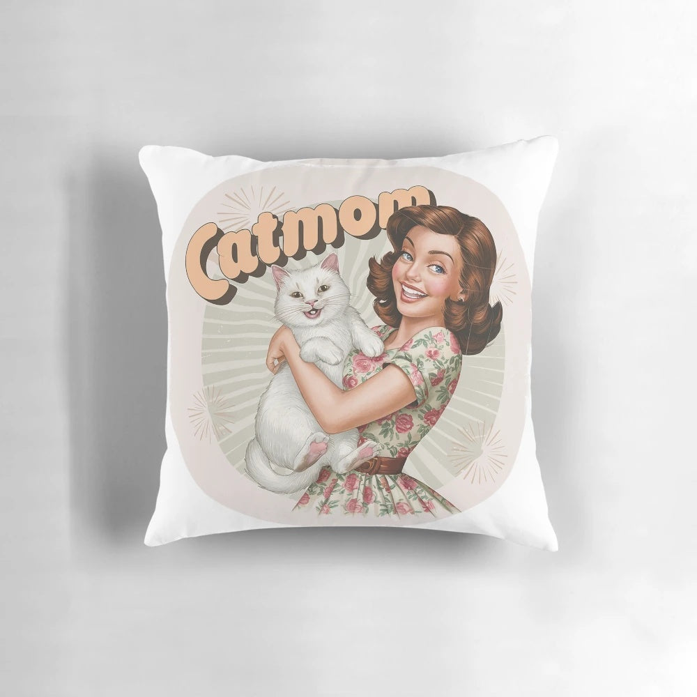 A vintage-inspired white cat graphic pillow for cat moms
