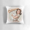 A vintage-inspired white cat graphic pillow for cat moms