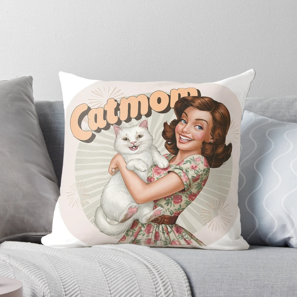 A vintage-inspired white cat graphic pillow for cat moms