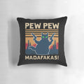 Vintage style black cat with pew pew guns cartoon illustration on a white pillow