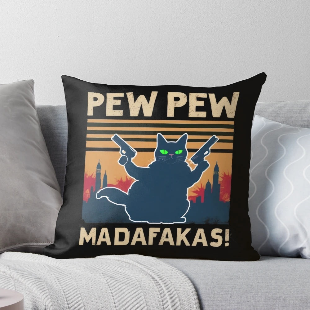 Vintage style black cat with pew pew guns cartoon illustration on a white pillow