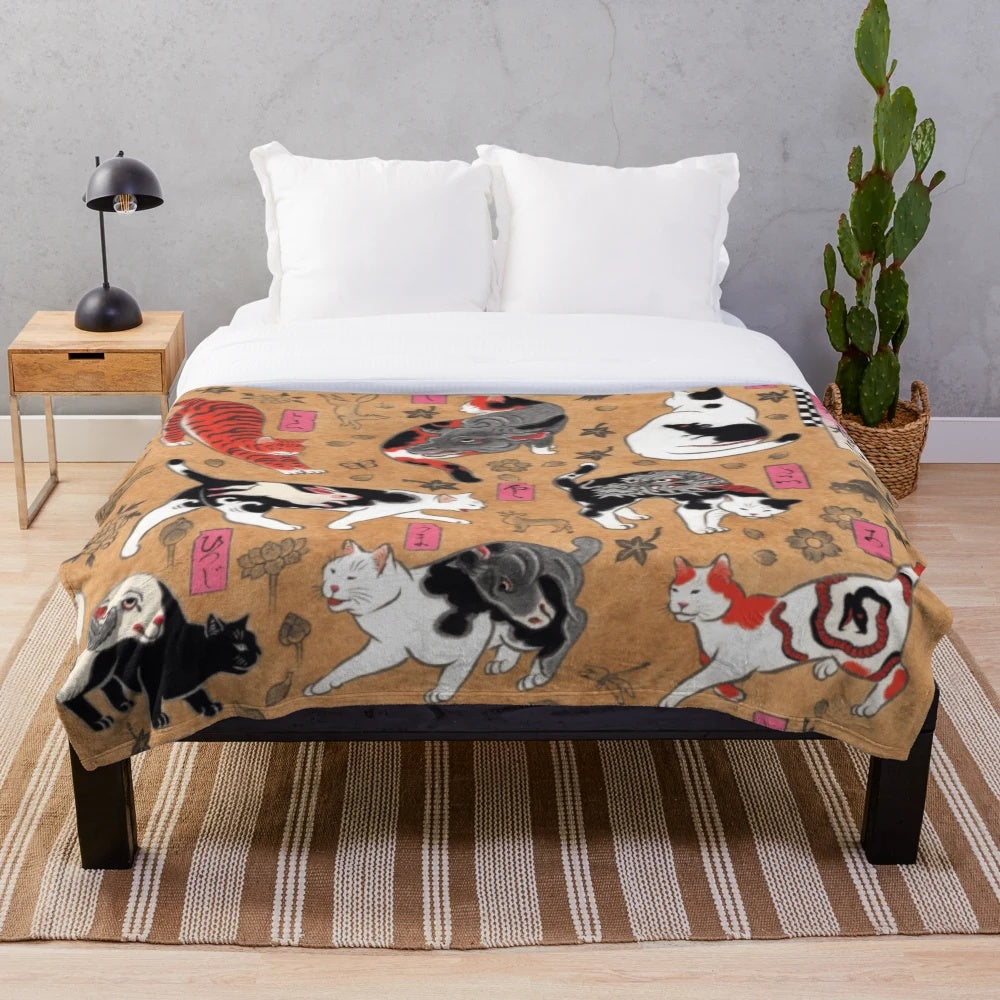 Vintage Japanese-inspired plush blanket with cats and tattoo designs