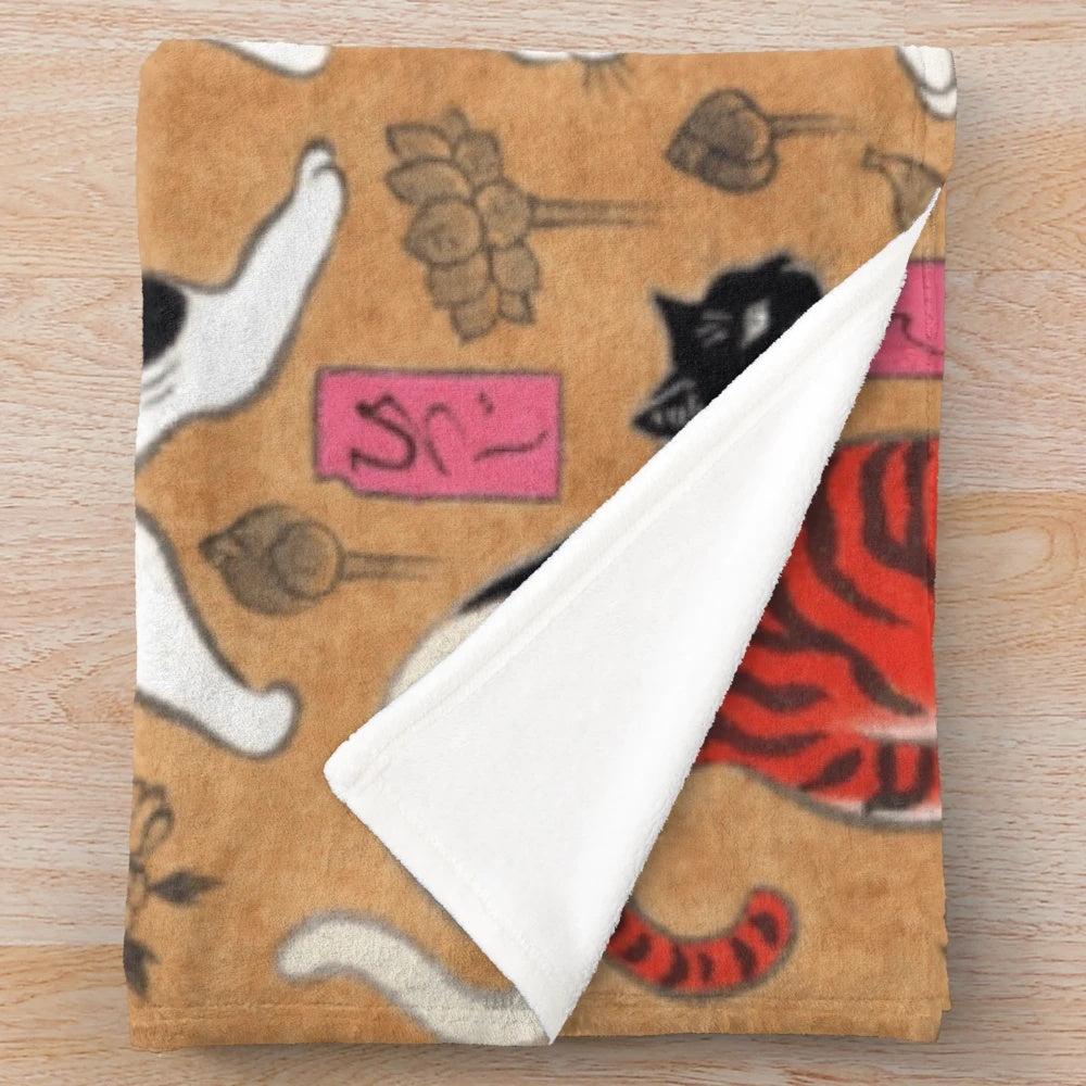 Vintage Japanese-inspired plush blanket with cats and tattoo designs