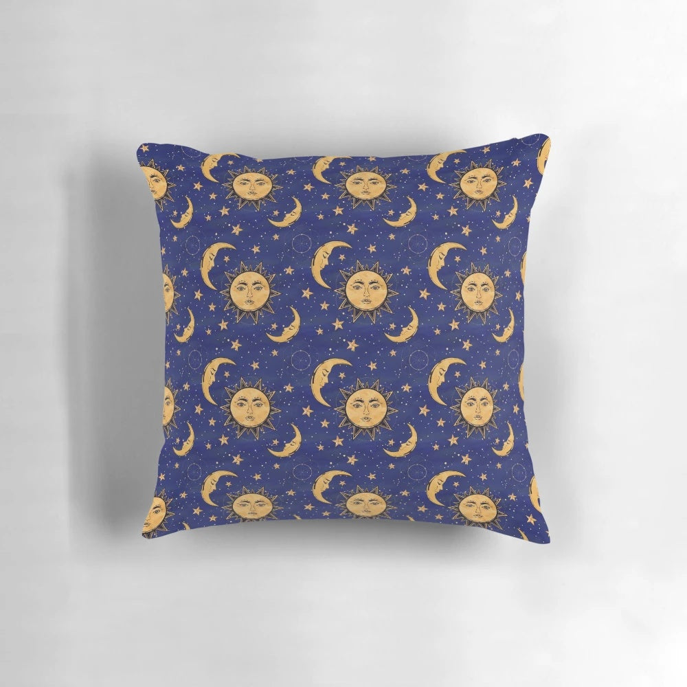 Vintage-style celestial pillow with moon and sun design, perfect for boho, gypsy, and festival home decor