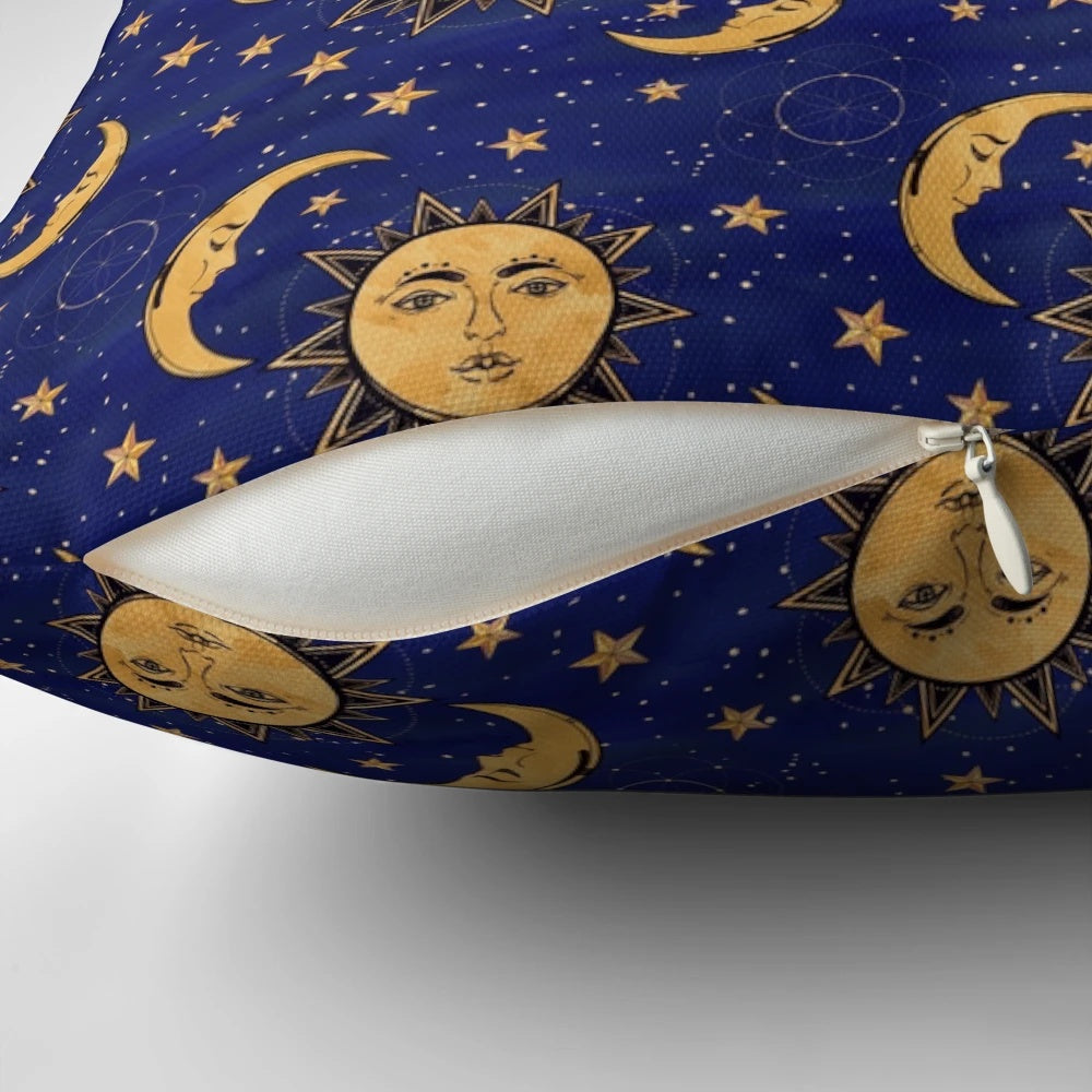 Vintage-style celestial pillow with moon and sun design, perfect for boho, gypsy, and festival home decor