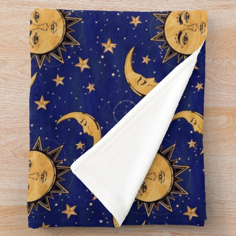 Vintage plush blanket with celestial moon, sun and star design