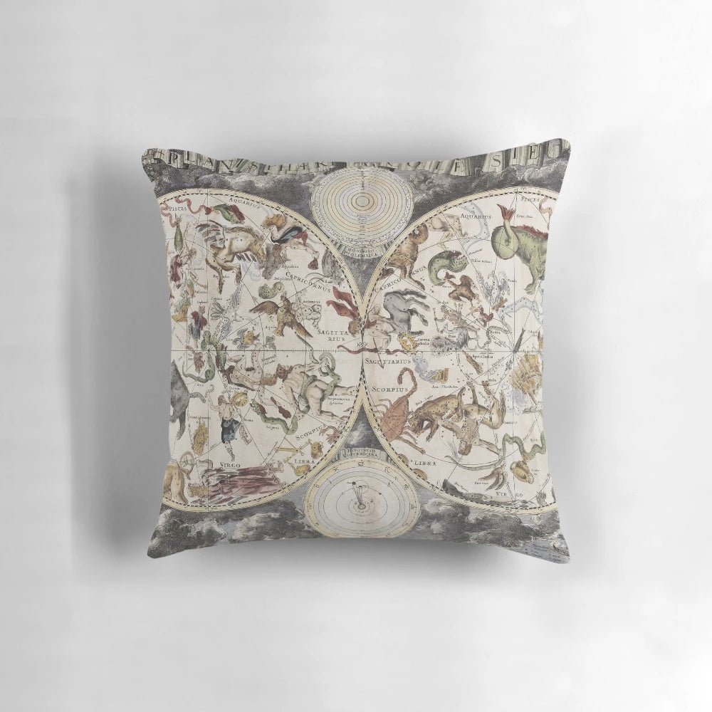 Vintage-inspired celestial star map throw pillow with constellations and astrological symbols.