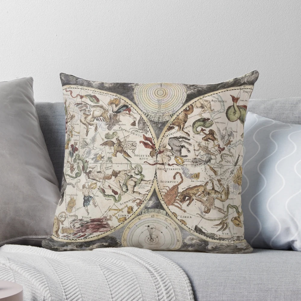 Vintage-inspired celestial star map throw pillow with constellations and astrological symbols.
