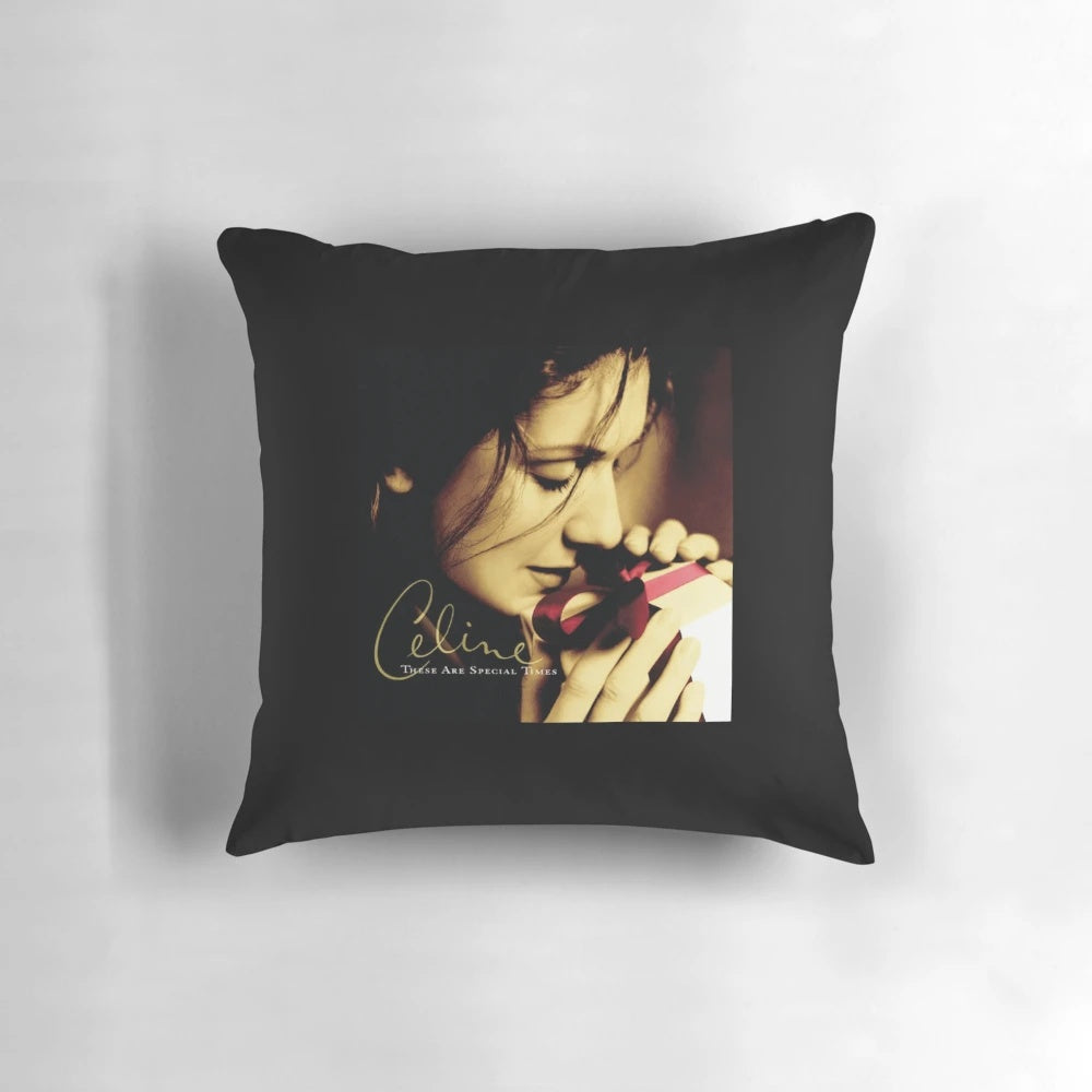 Vintage-style Celine Dion pillow with "My Heart Will Go On" lyrics