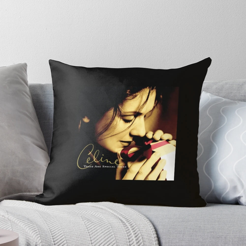 Vintage-style Celine Dion pillow with "My Heart Will Go On" lyrics