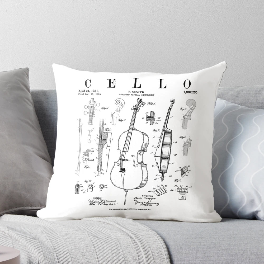 Vintage cello cellist drawing print on a decorative throw pillow