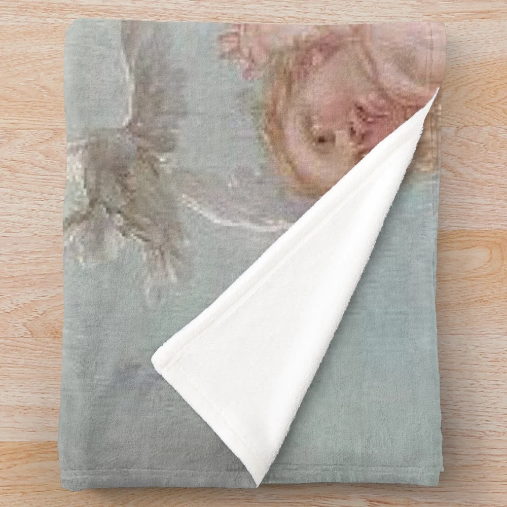 Vintage-inspired plush blanket with cherub and renaissance cloud design