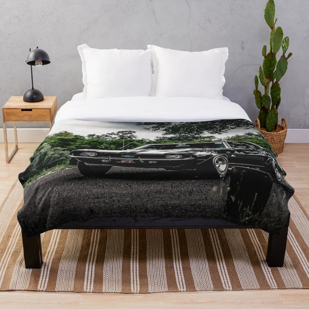Chevy Camaro 1969 plush blanket with nature, tree, and sunset design