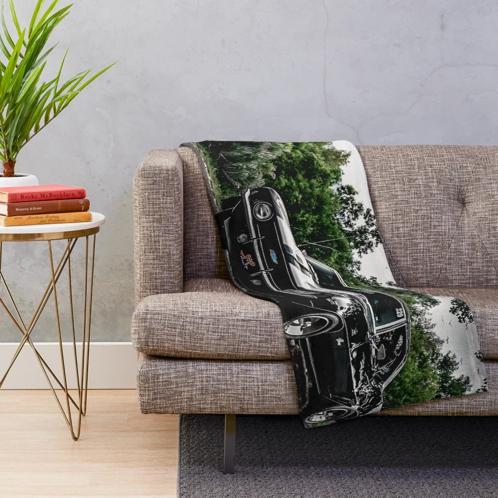 Chevy Camaro 1969 plush blanket with nature, tree, and sunset design