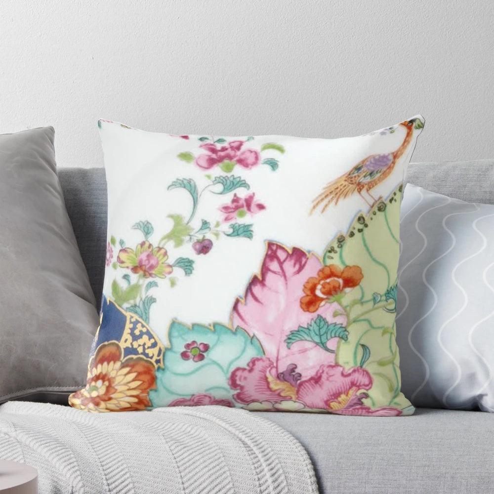 Vintage chinoiserie porcelain pillow featuring an Asian crane and floral pattern