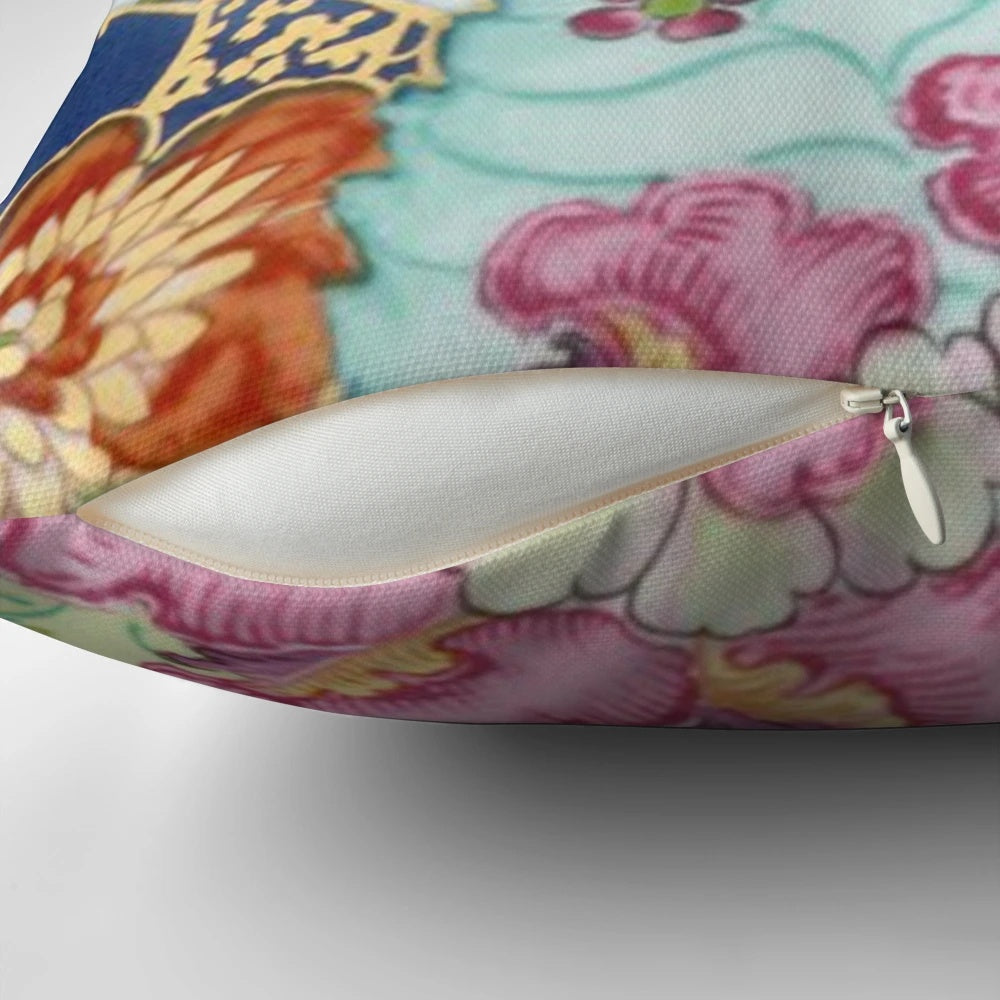 Vintage chinoiserie porcelain pillow featuring an Asian crane and floral pattern