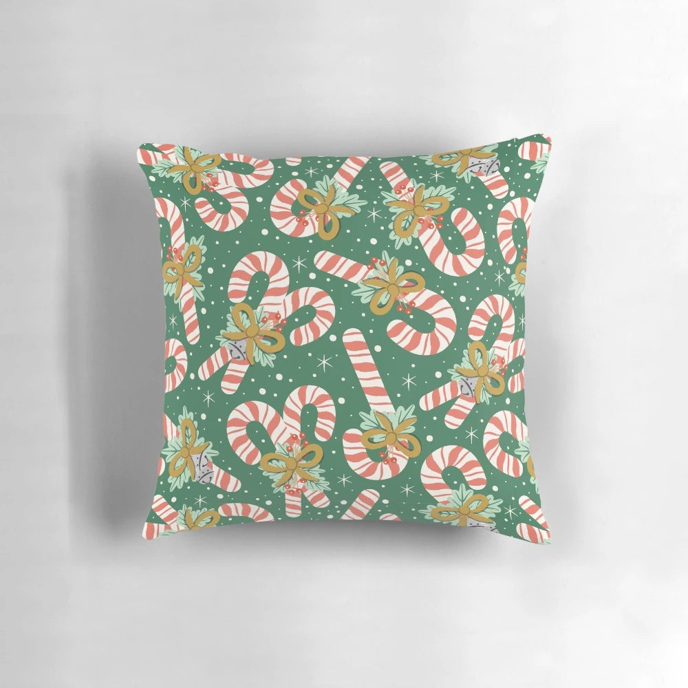 Vintage-inspired throw pillow with colorful candy cane pattern