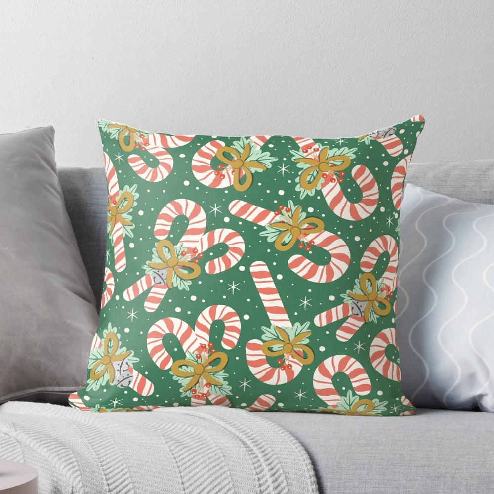 Vintage-inspired throw pillow with colorful candy cane pattern