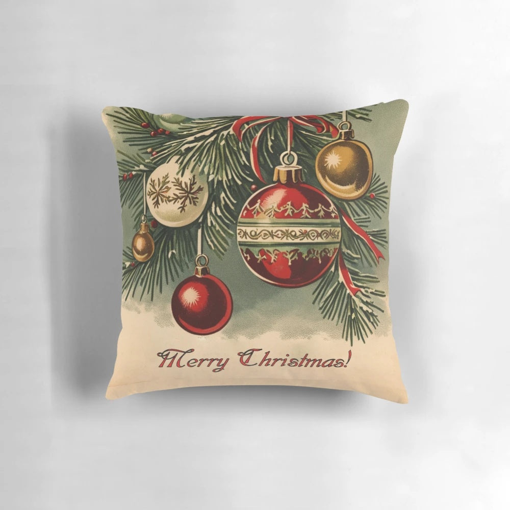 Vintage-style Christmas greeting card printed on a throw pillow with a festive and nostalgic design.
