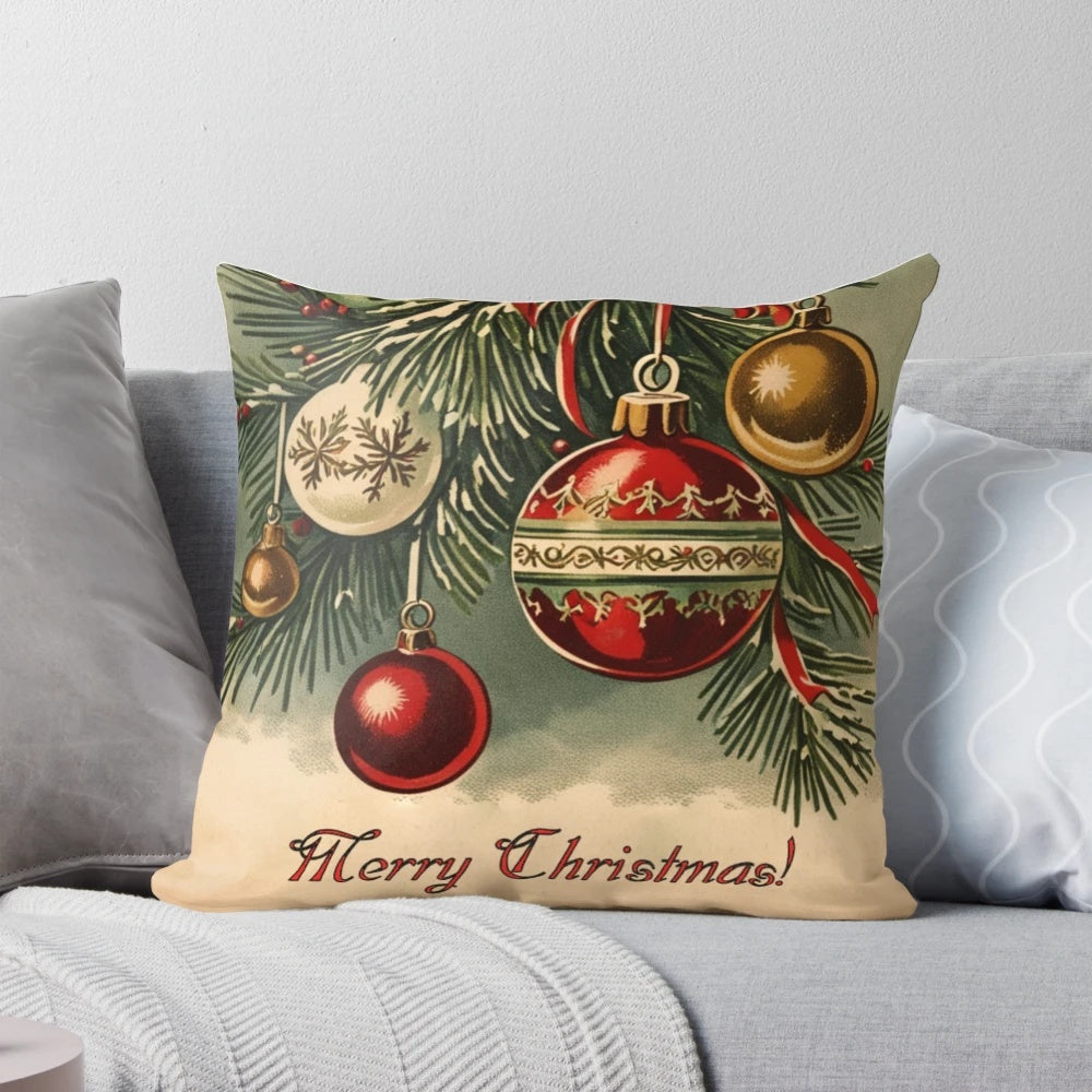 Vintage-style Christmas greeting card printed on a throw pillow with a festive and nostalgic design.
