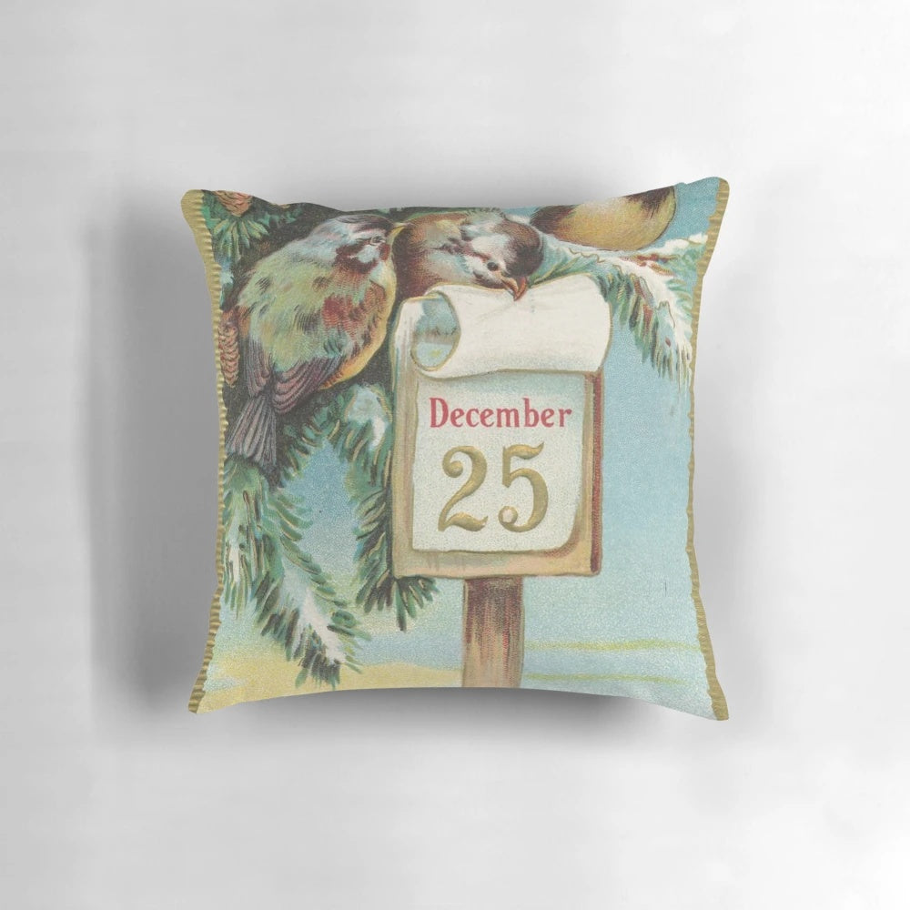 Vintage-inspired Christmas pillow featuring angels, baby Jesus, and Santa Claus