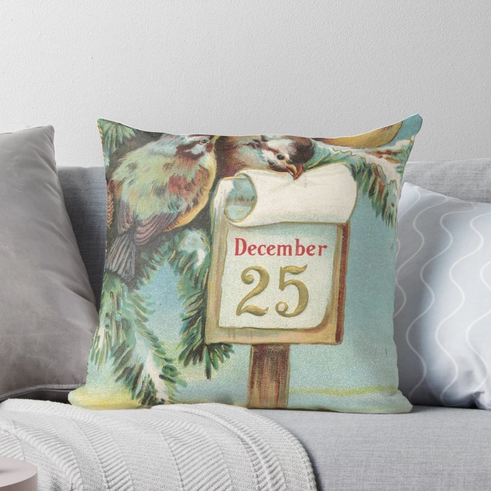 Vintage-inspired Christmas pillow featuring angels, baby Jesus, and Santa Claus