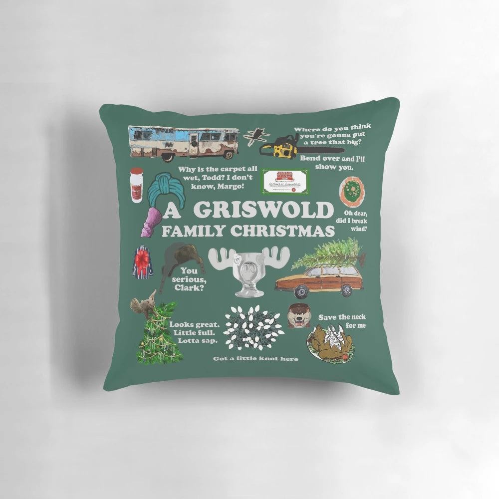 Vintage green Christmas pillow featuring a holiday car and tree design