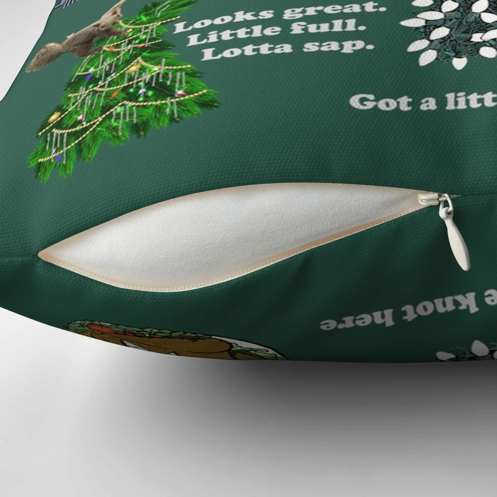 Vintage green Christmas pillow featuring a holiday car and tree design
