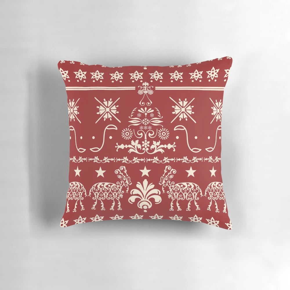 Vintage Christmas pillow with a gothic, pagan-inspired yule goat and evergreen tree design in a fair isle pattern.