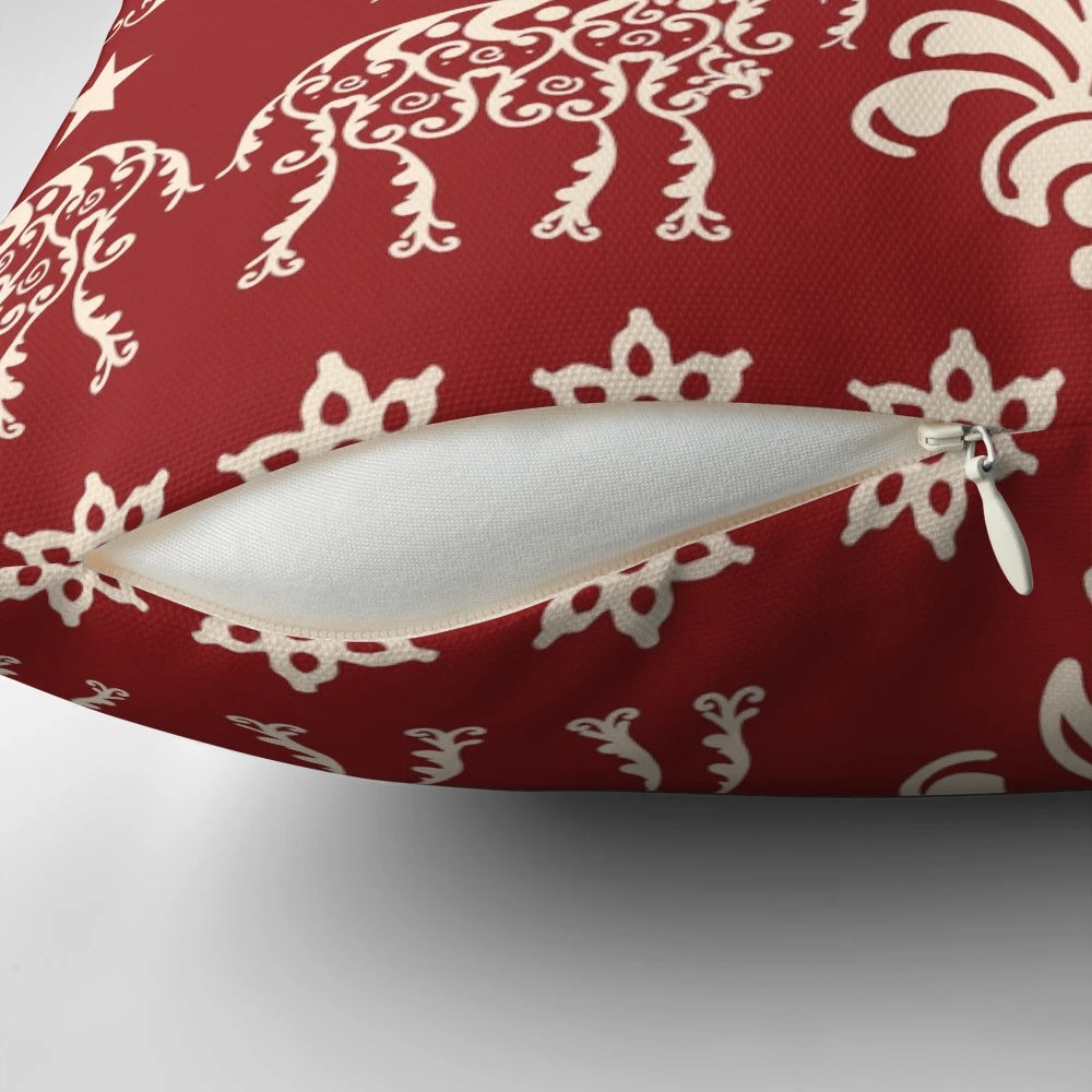 Vintage Christmas pillow with a gothic, pagan-inspired yule goat and evergreen tree design in a fair isle pattern.