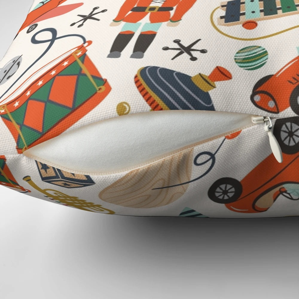 Vintage Christmas Toys Decorative Throw Pillow featuring classic toys like nutcrackers, trains, and rocking horses