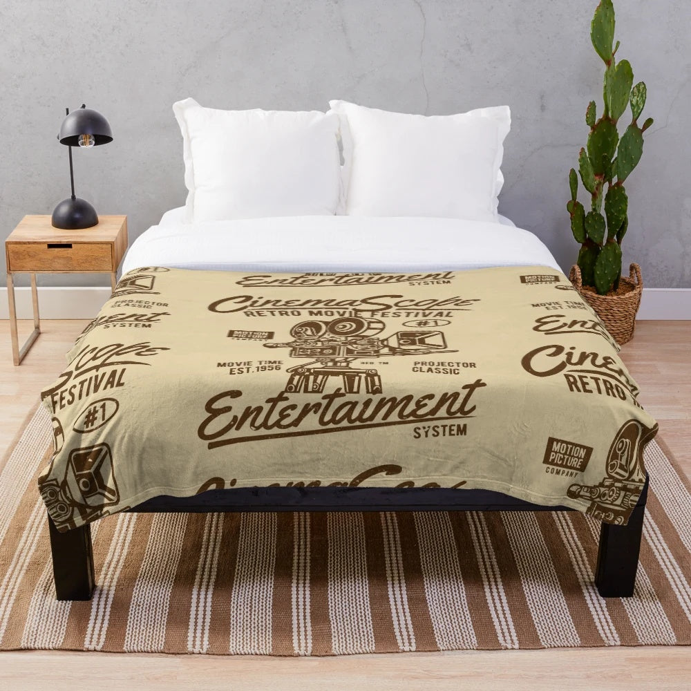 Vintage cinema-themed plush blanket featuring classic movie design