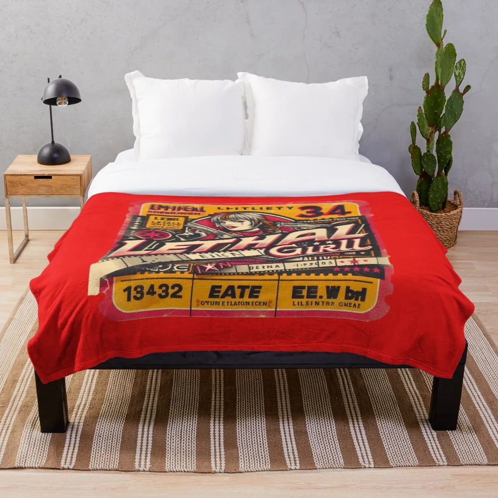 Vintage cinema ticket-inspired plush blanket with retro movie poster design