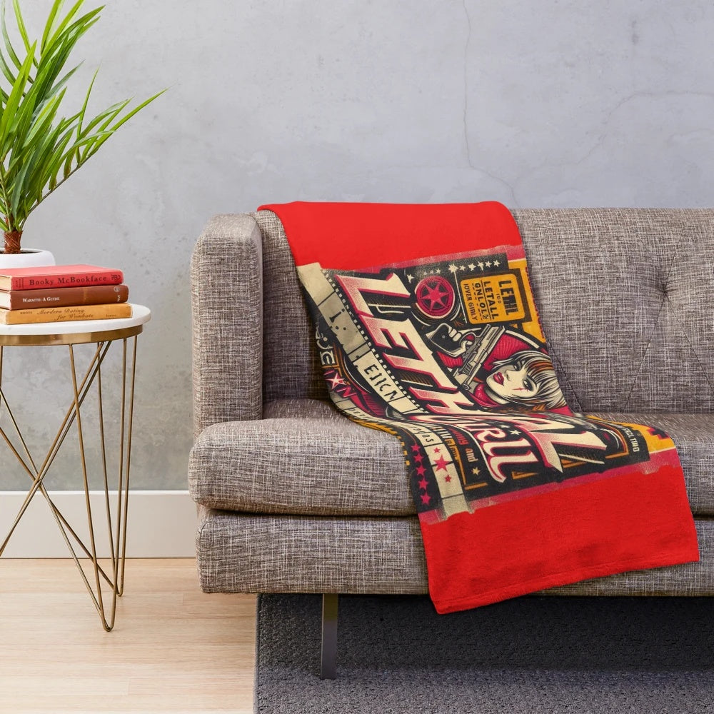 Vintage cinema ticket-inspired plush blanket with retro movie poster design