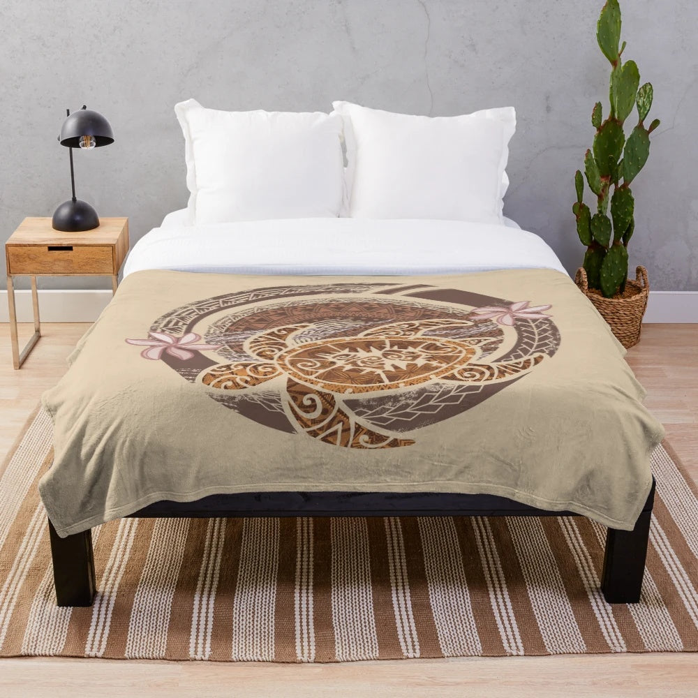 Vintage Circular Samoan Turtle Dive Plush Blanket with Hawaiian Turtle Illustrations