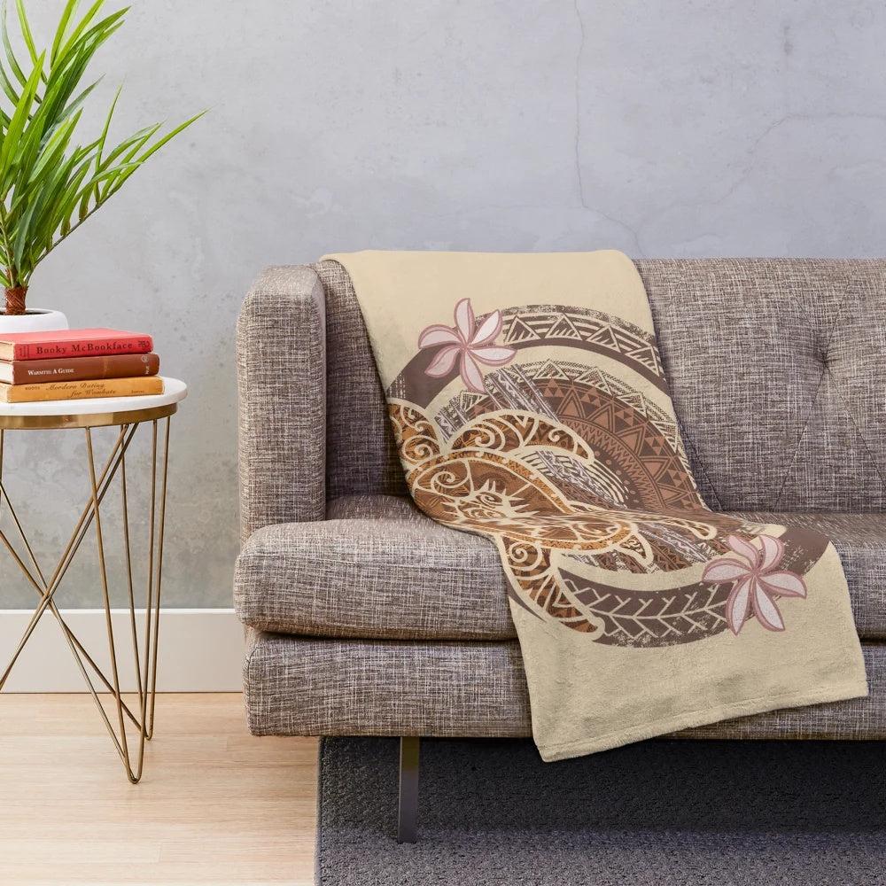Vintage Circular Samoan Turtle Dive Plush Blanket with Hawaiian Turtle Illustrations