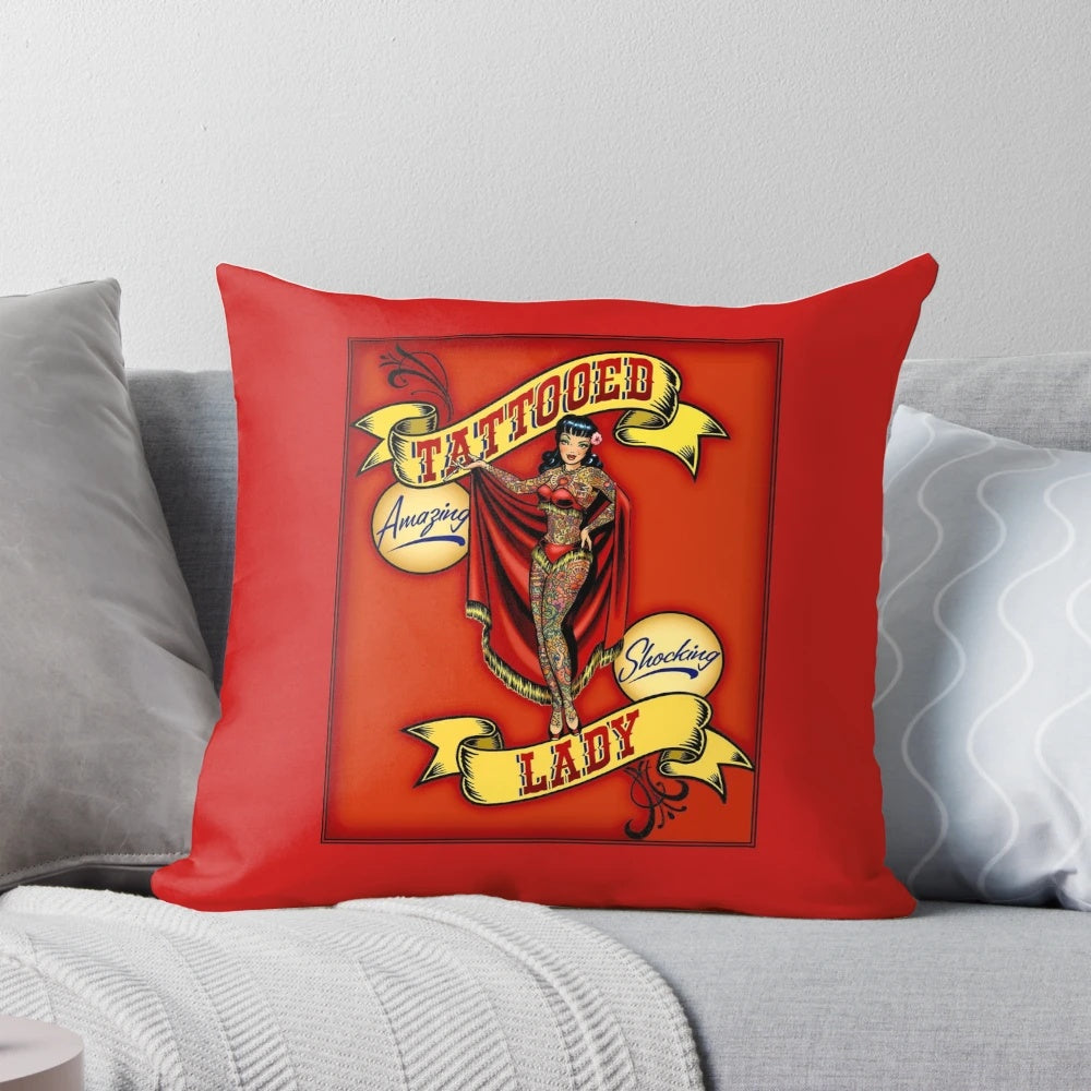 Vintage circus advertising print featuring a tattooed lady with floral and snake tattoo designs