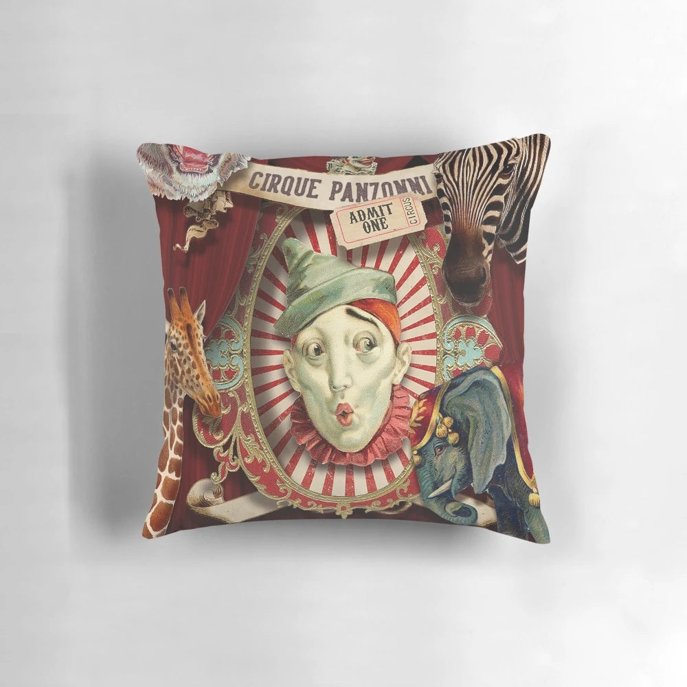 Vintage-style circus-themed velvet throw pillow with engraved elephant, giraffe, and zebra designs