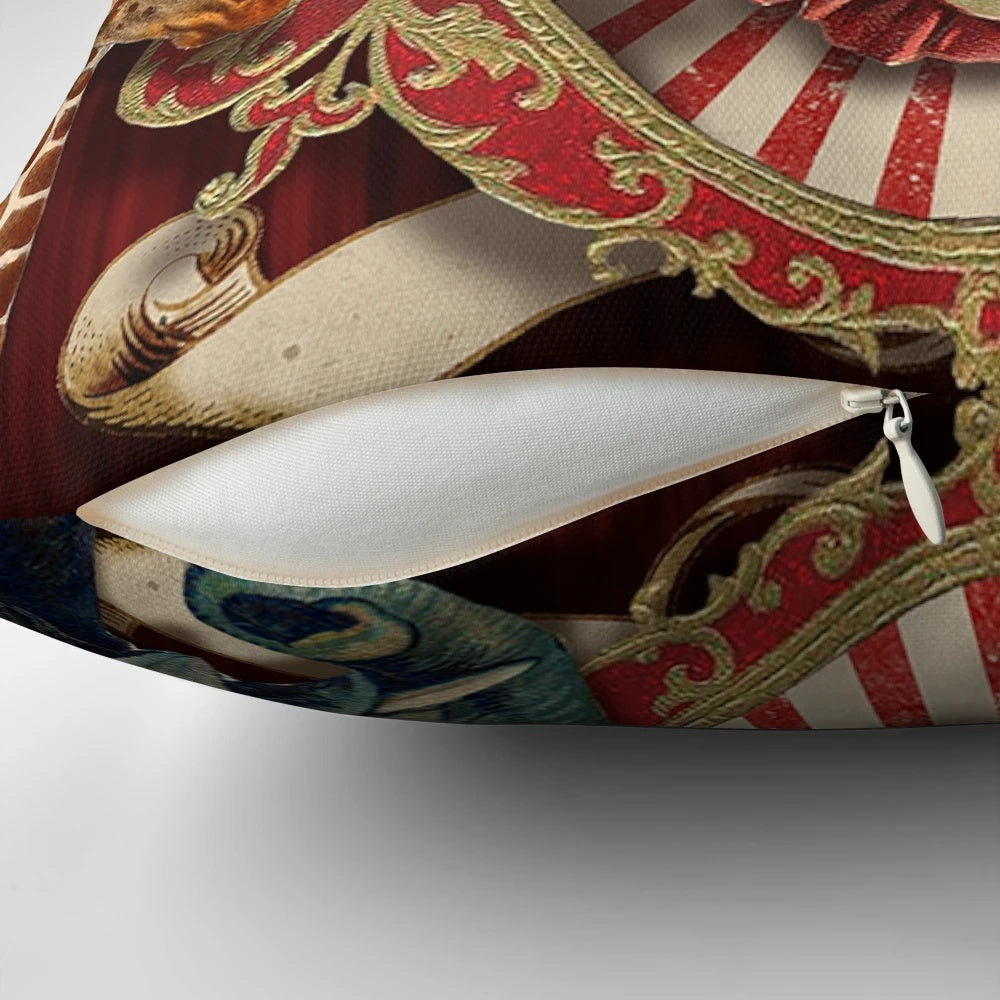 Vintage-style circus-themed velvet throw pillow with engraved elephant, giraffe, and zebra designs